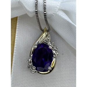 Sterling Silver 10K Gold Amethyst Diamond Pendant Box Chain Necklace